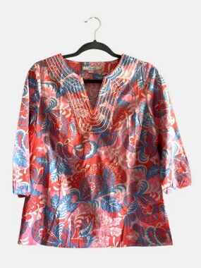 Boden Coral, Blue & Pink Paisley V-Neck Tunic US Sz 6